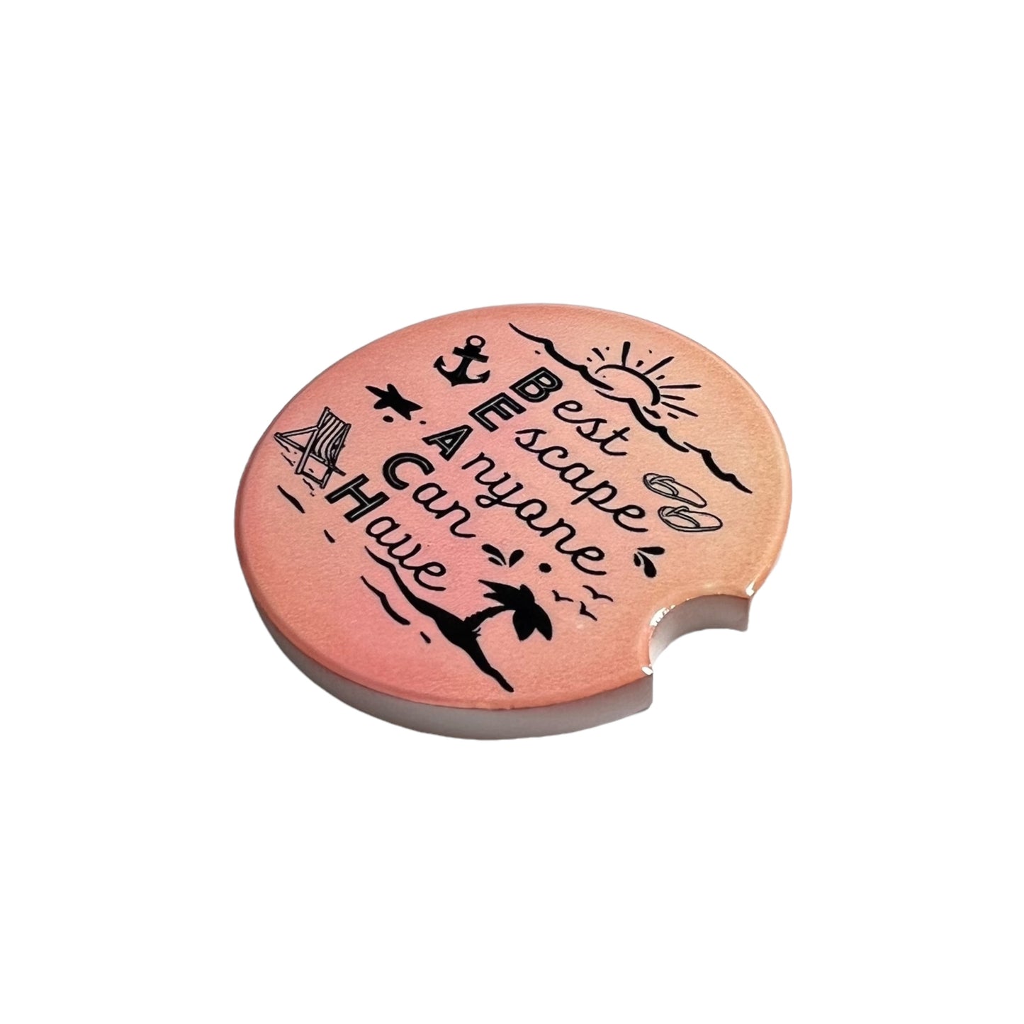 JenDore " Beach : Best Escape Anyone Can Have " Pink Orange Sunset Square Handmade Ceramic Car Coaster