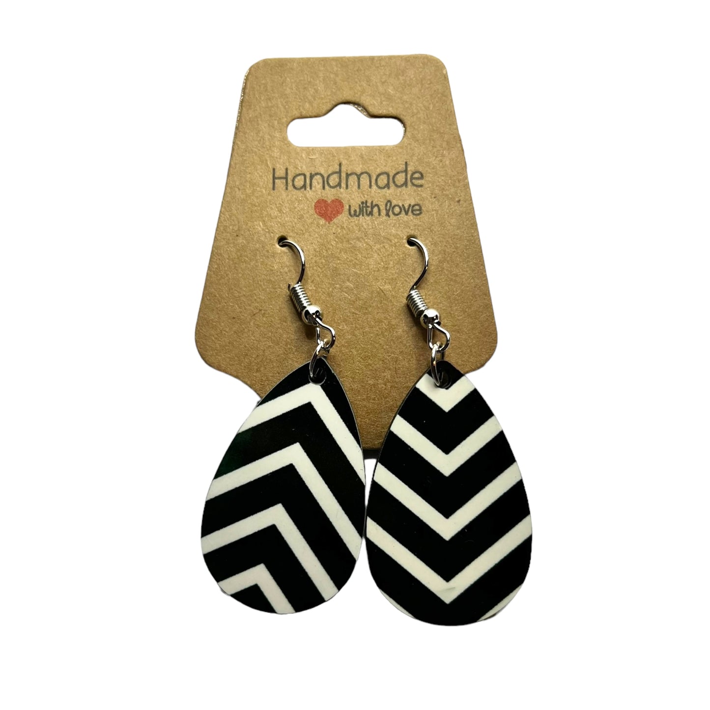 JenDore Black and White Striped Print Wooden TearDrop Earrings