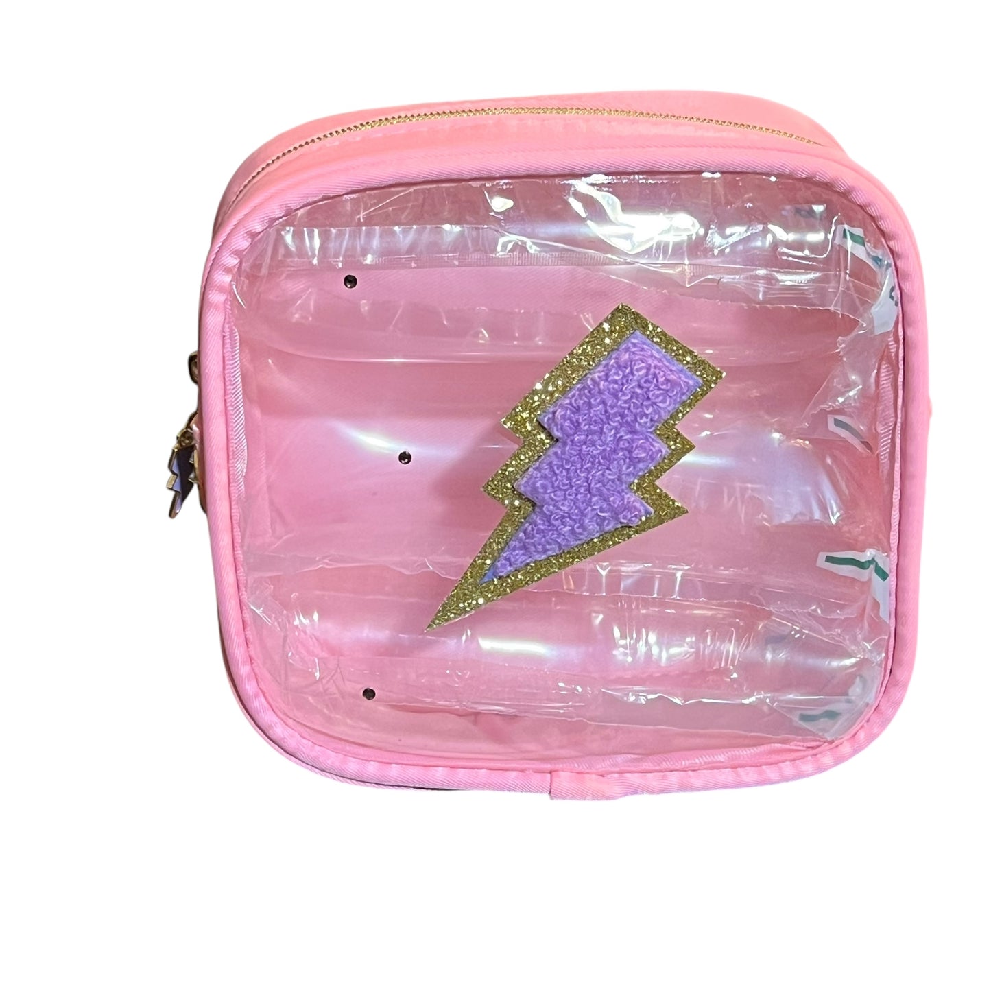 JenDore Pink Purple Thunderbolt Makeup Bag with Clear Transparent Window - Travel Cosmetic Organizer