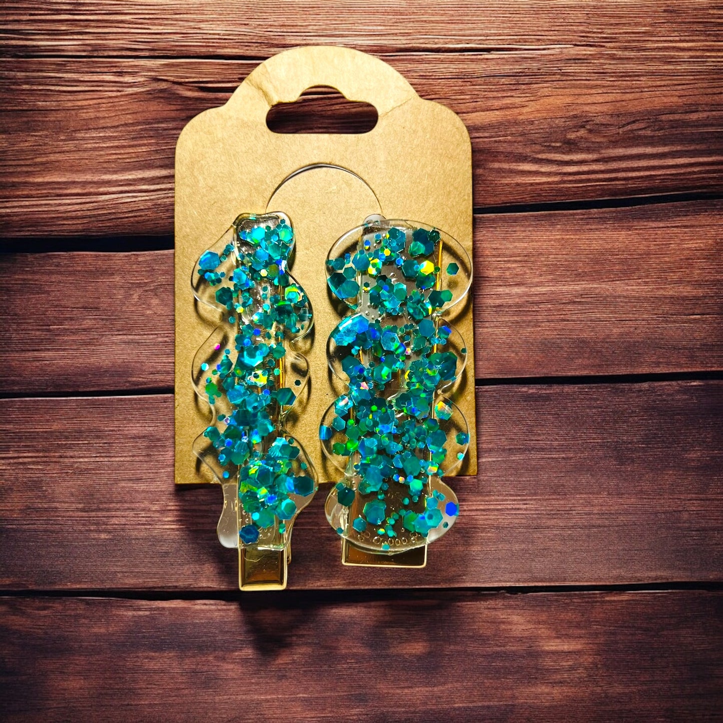 JenDore Hair Clips - Handmade Teal Chunky Glitter A (Set of 2)