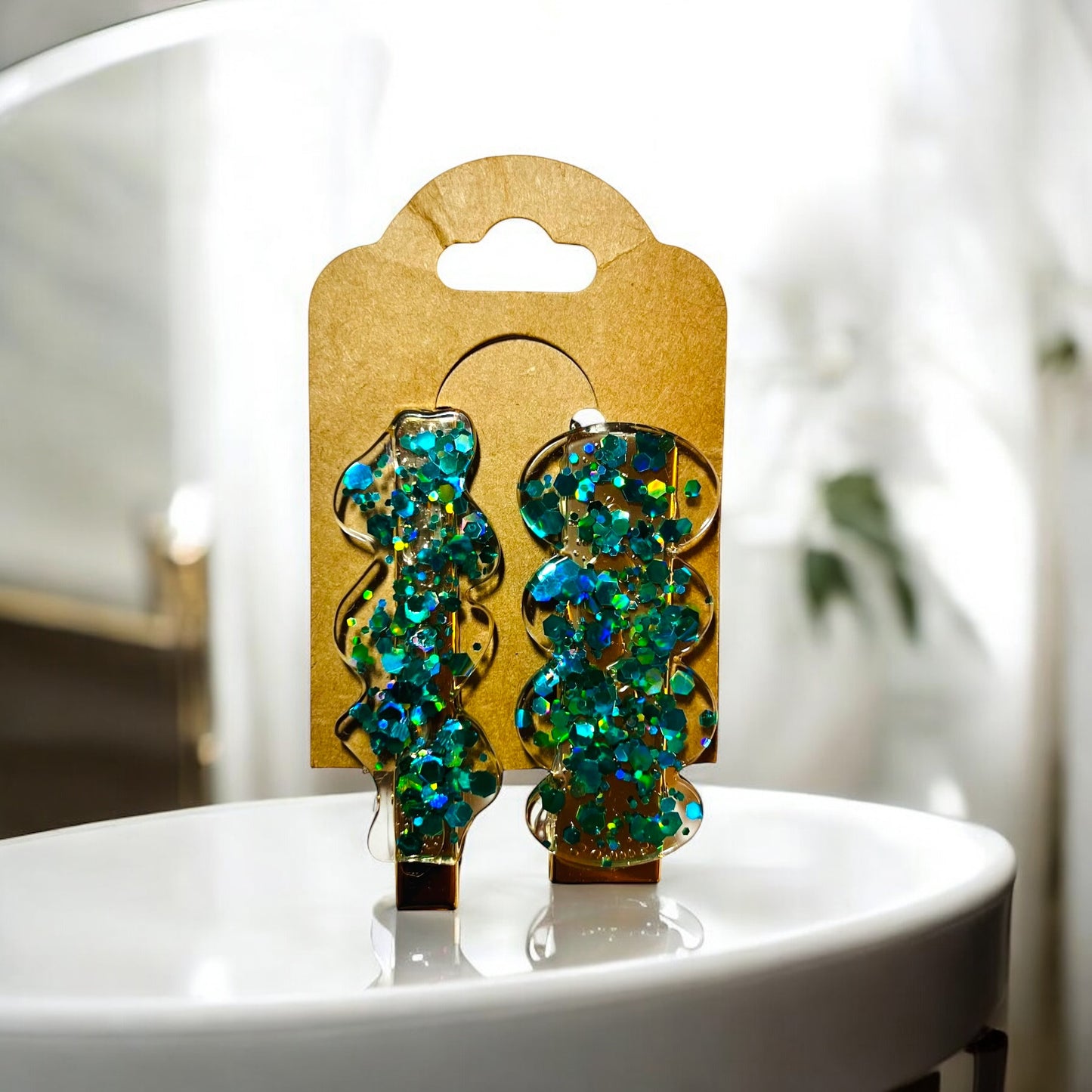 JenDore Hair Clips - Handmade Teal Chunky Glitter A (Set of 2)