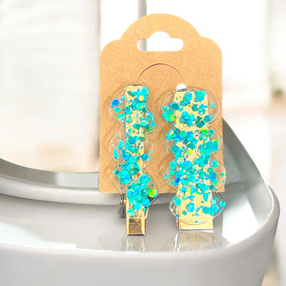 JenDore Hair Clips - Handmade Teal Chunky Glitter A (Set of 2)