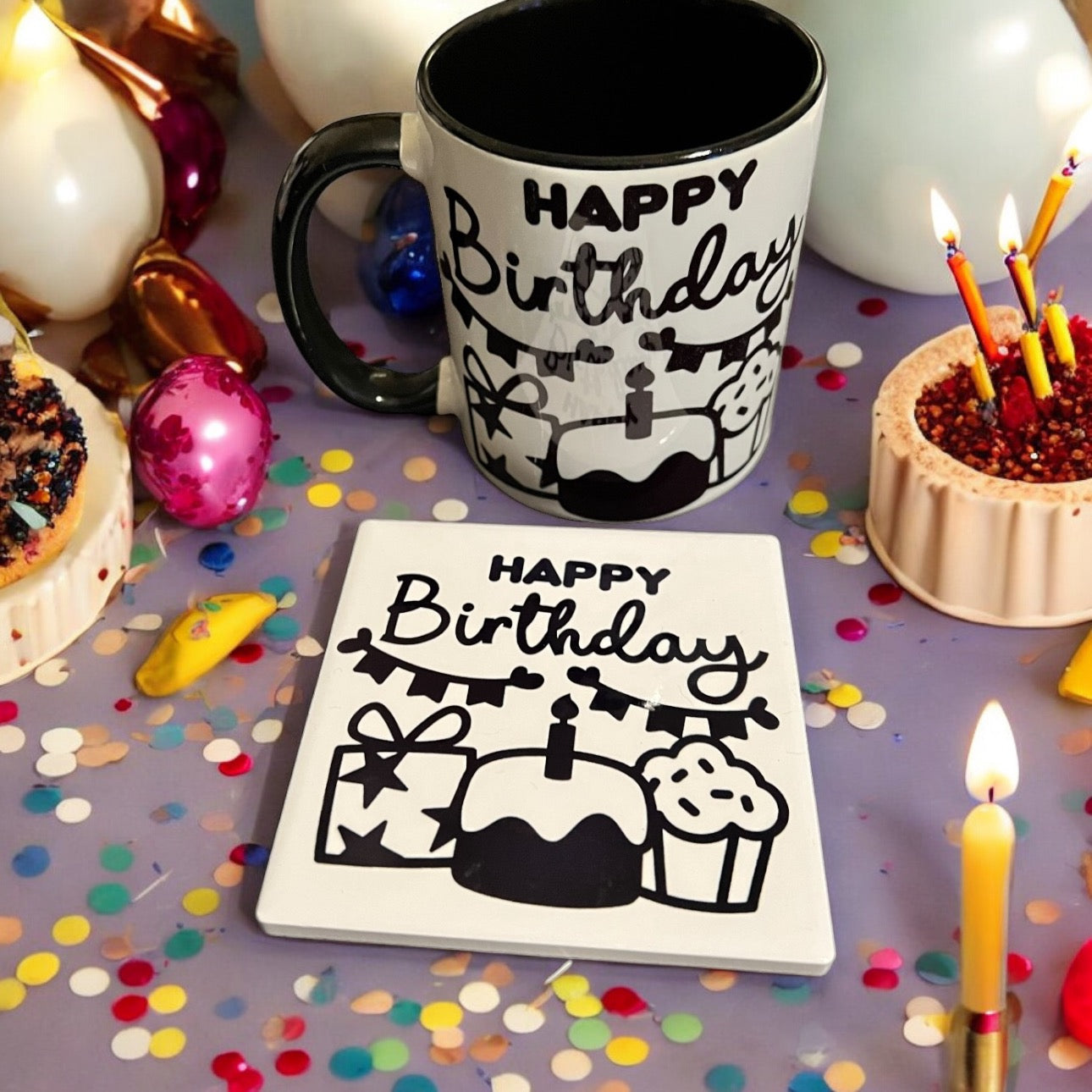 JenDore Happy Birthday 12 oz.  Black and White Ceramic Mug and Coaster Set