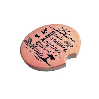 JenDore " Beach : Best Escape Anyone Can Have " Pink Orange Sunset Square Handmade Ceramic Car Coaster