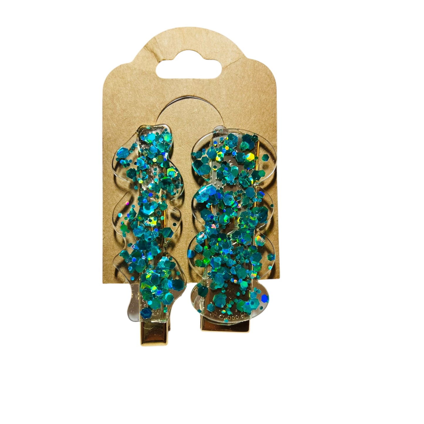 JenDore Hair Clips - Handmade Teal Chunky Glitter A (Set of 2)