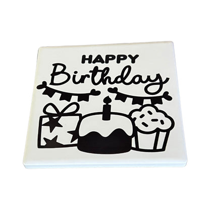 JenDore Black White Happy Birthday White Black Square Ceramic Coaster