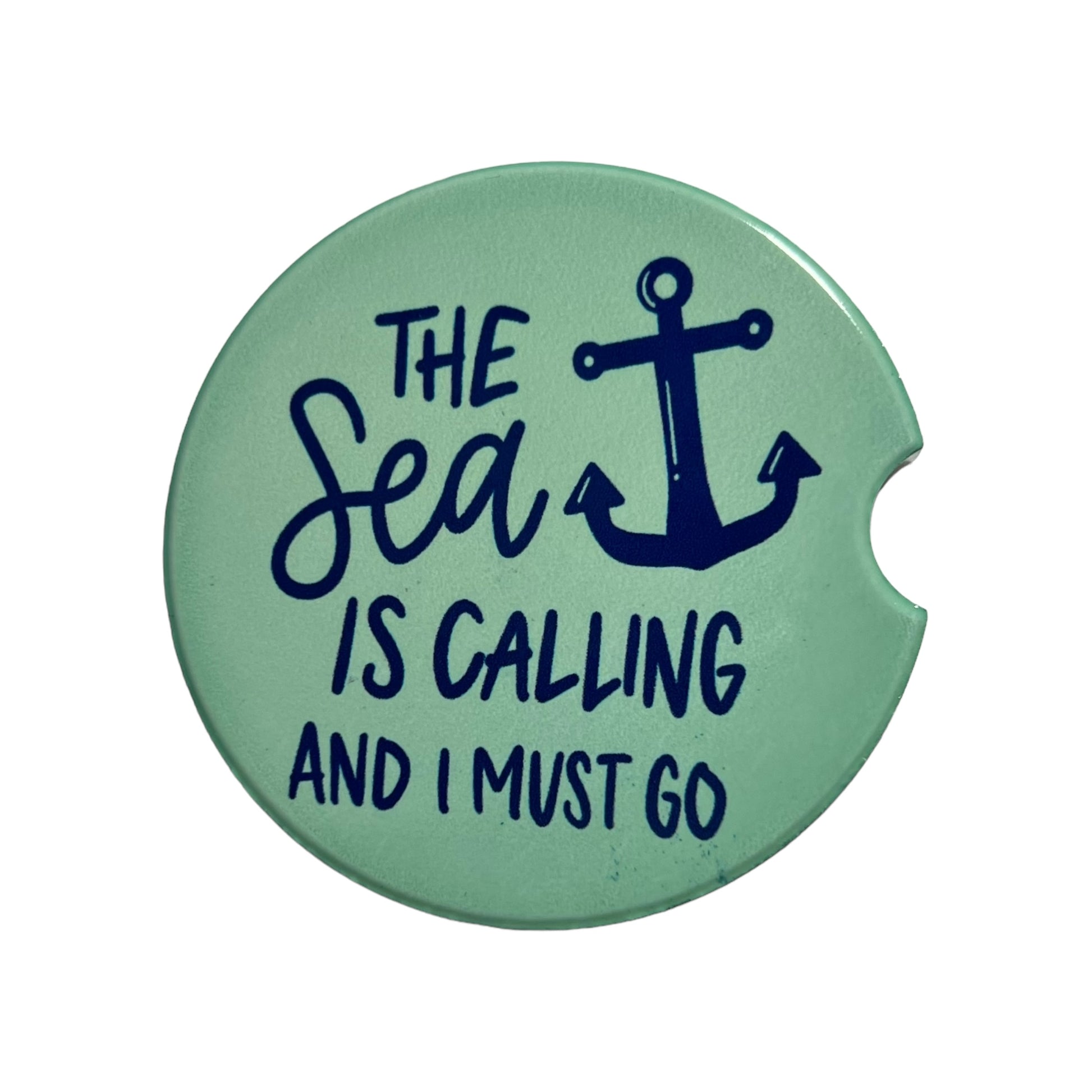 JenDore "The Sea is Calling and I Must Go" Mint Green Blue Handmade Ceramic Car Coaster with coastal design and inspirational message.