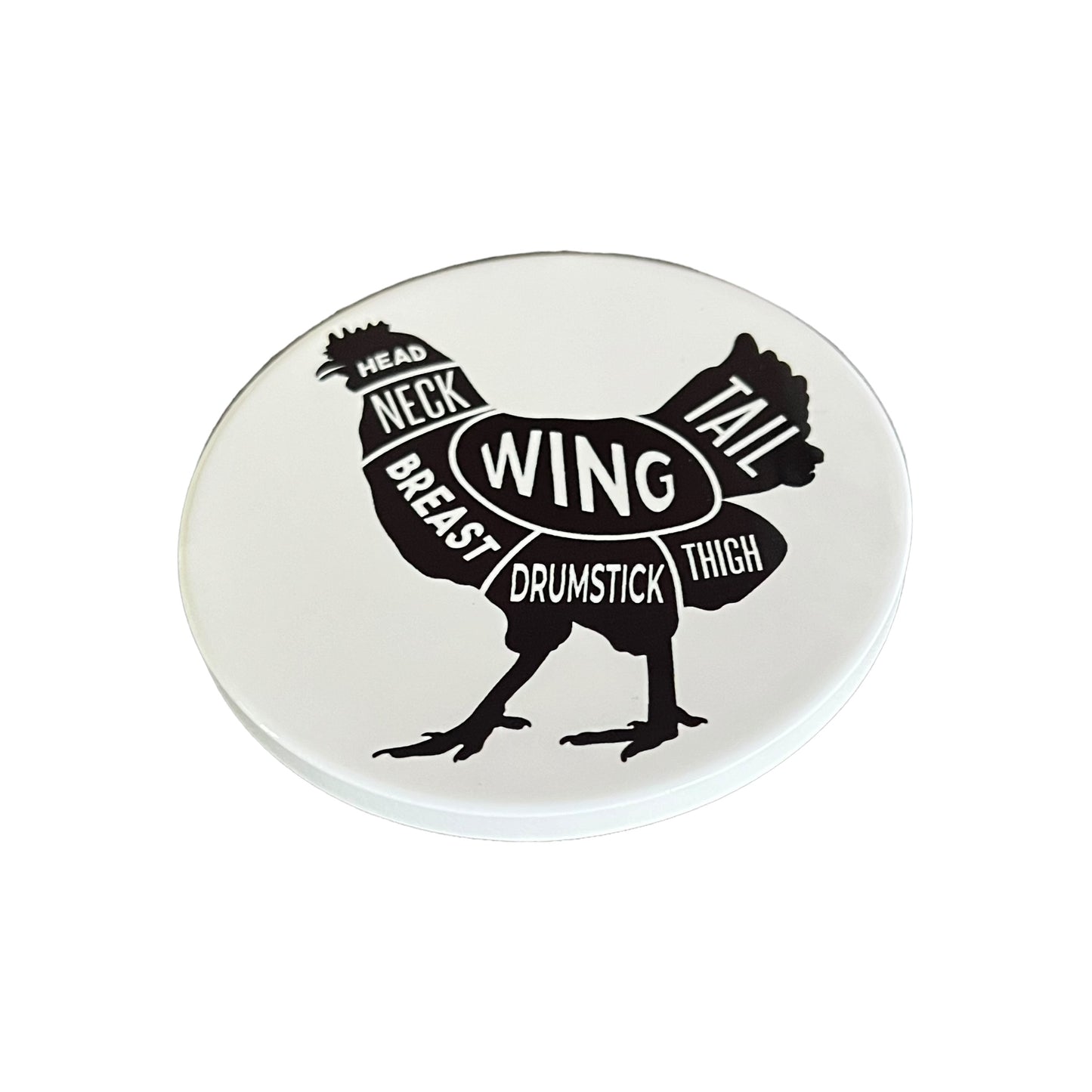 JenDore Black and White Chicken Butcher Farmer Diagram Round Ceramic Coaster