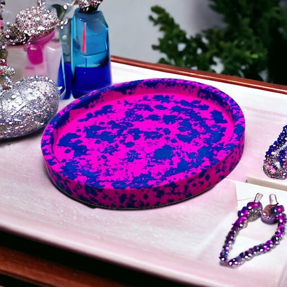 JenDore Handmade Hot Pink & Blue Splatter Chaos Circular Ceramic Vanity Tray