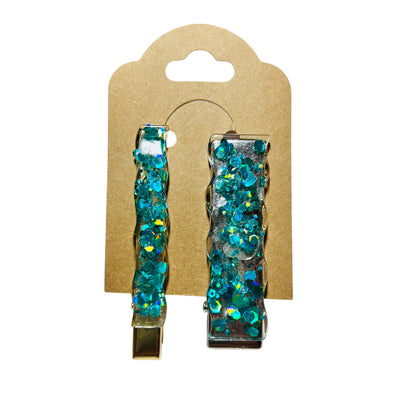 JenDore Hair Clips - Handmade Teal Chunky Glitter (Set of 2)