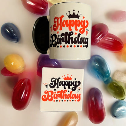 Coffret cadeau tasse et sous-verre rouge et noir JenDore Happy Birthday