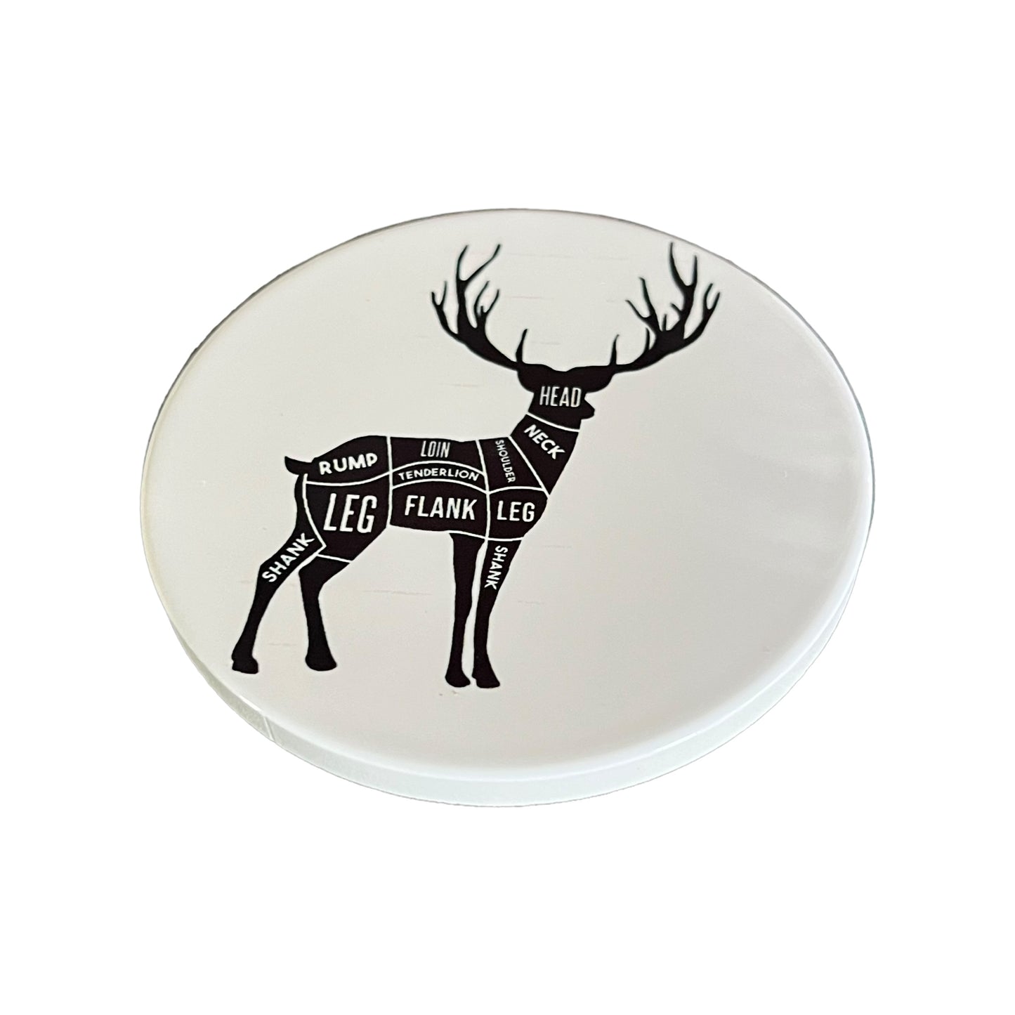 Dessous de verre rond en céramique avec diagramme de chasseur de cerf noir et blanc de JenDore