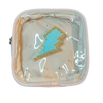 JenDore Cream Mint Thunderbolt Makeup Bag with Clear Transparent Window - Travel Cosmetic Organizer