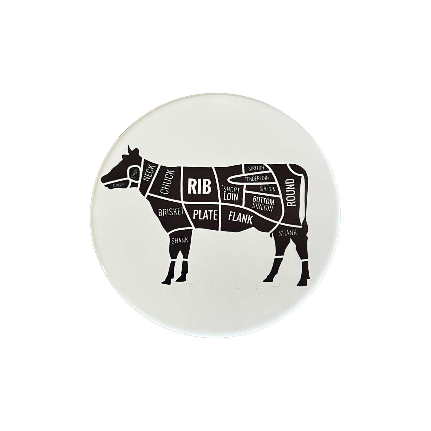 JenDore Black and White Cow Butcher Farmer Diagram Round Ceramic Coaster