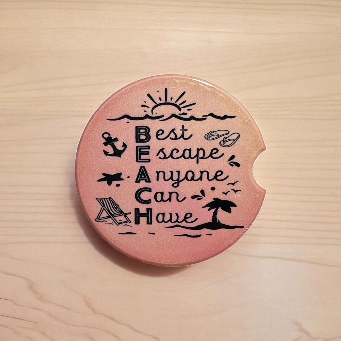 JenDore " Beach : Best Escape Anyone Can Have " Pink Orange Sunset Square Handmade Ceramic Car Coaster