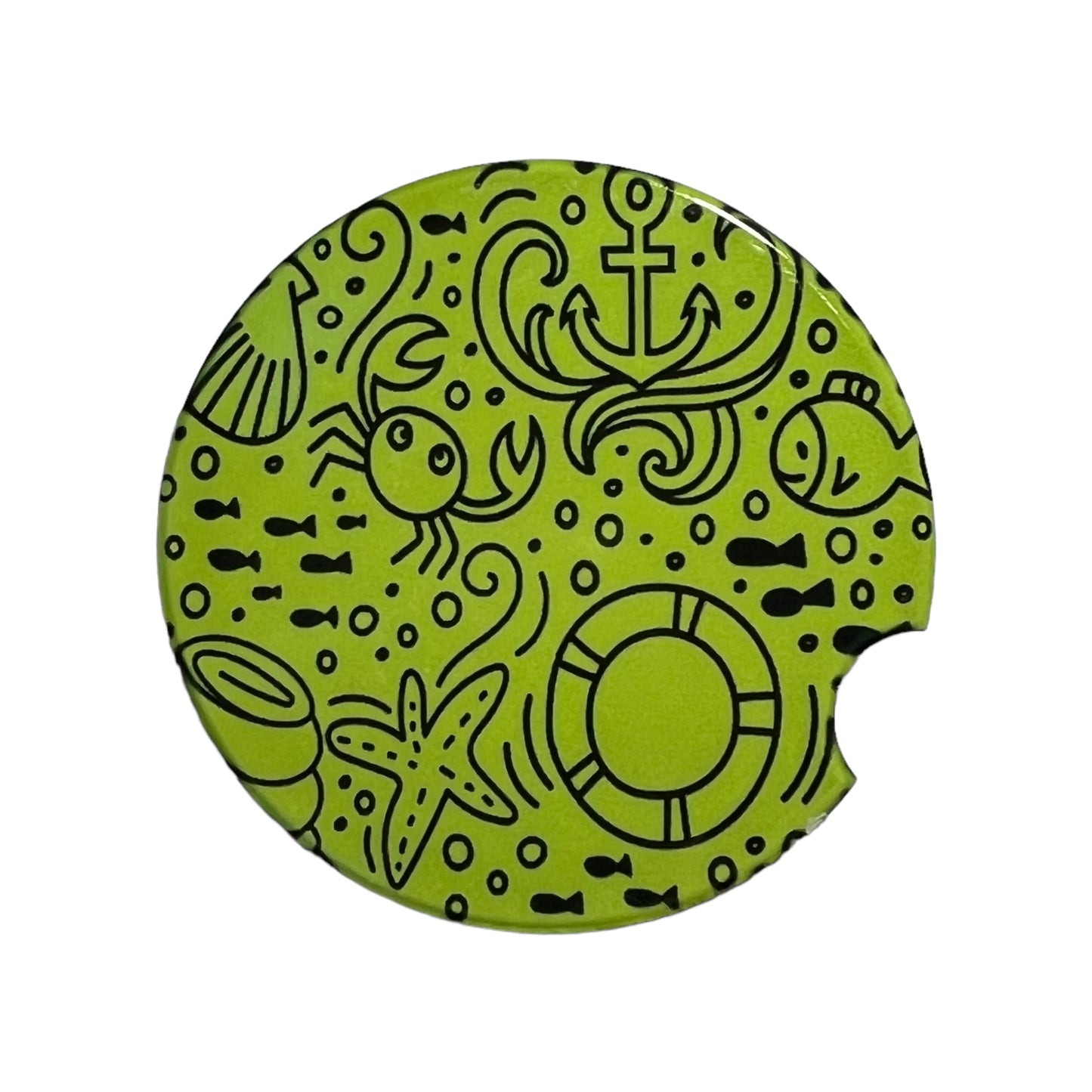 Under the Sea Nautical Lime Green Black Handmade Ceramic Car Coaster