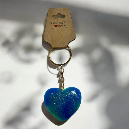 JenDore Handmade Blue Green Gold Glitter Heart Keychain