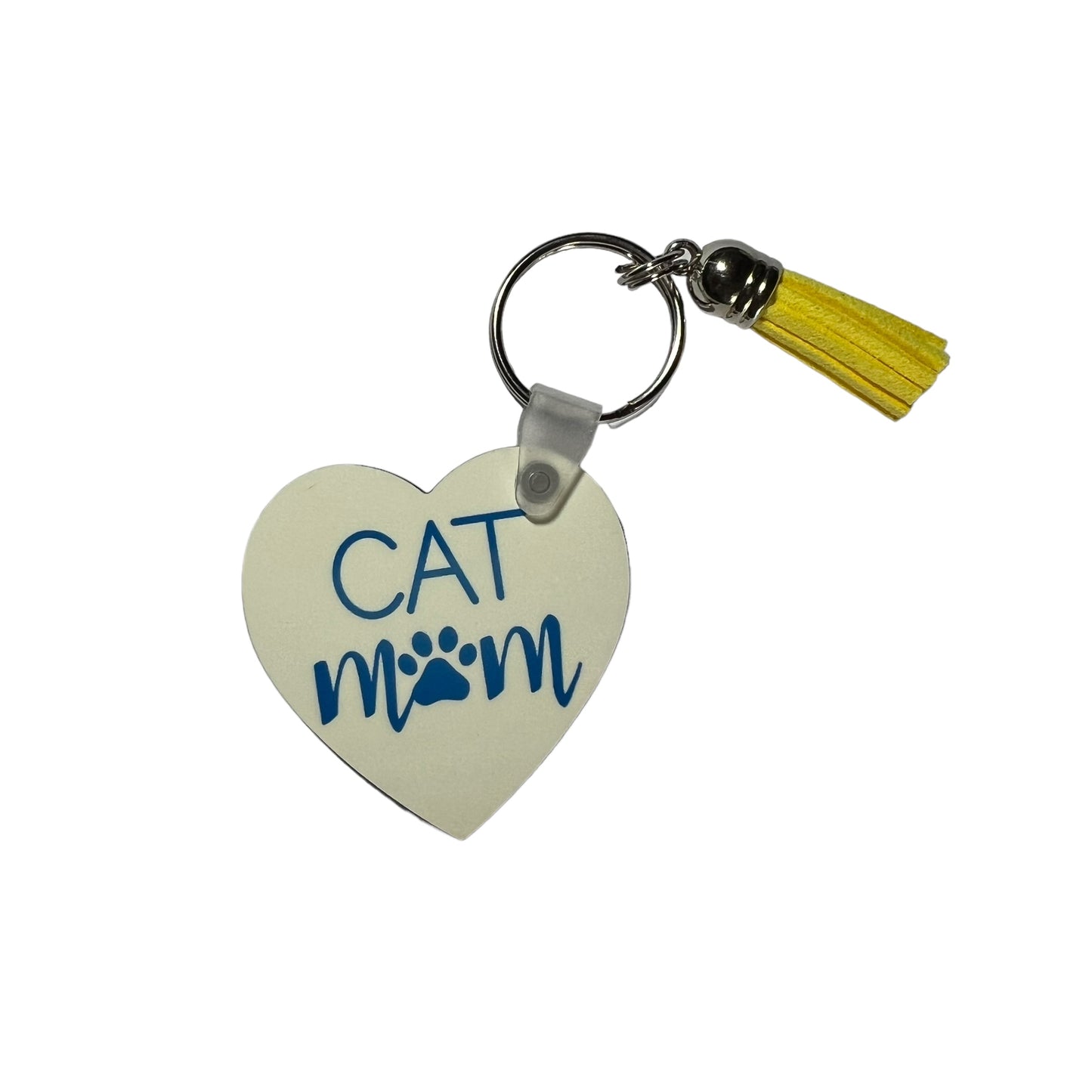 JenDore Purrfect Love Handcrafted Heart-Shaped Blue Yellow Cat Mom Keychain