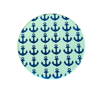 JenDore Nautical Themed Mint Green Navy Blue Anchors Round Ceramic Coaster