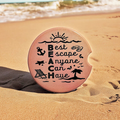 JenDore " Beach : Best Escape Anyone Can Have " Pink Orange Sunset Square Handmade Ceramic Car Coaster