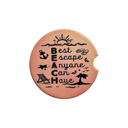 JenDore " Beach : Best Escape Anyone Can Have " Pink Orange Sunset Square Handmade Ceramic Car Coaster