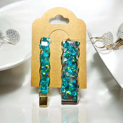 JenDore Hair Clips - Handmade Teal Chunky Glitter (Set of 2)