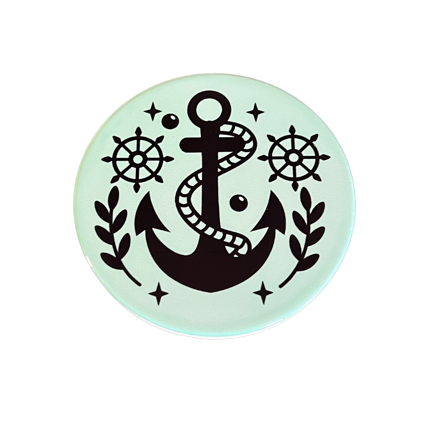 JenDore Nautical Anchor Themed Mint Green Black Round Ceramic Coaster