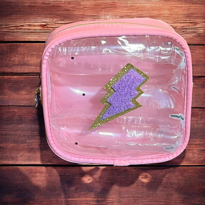 JenDore Pink Purple Thunderbolt Makeup Bag with Clear Transparent Window - Travel Cosmetic Organizer