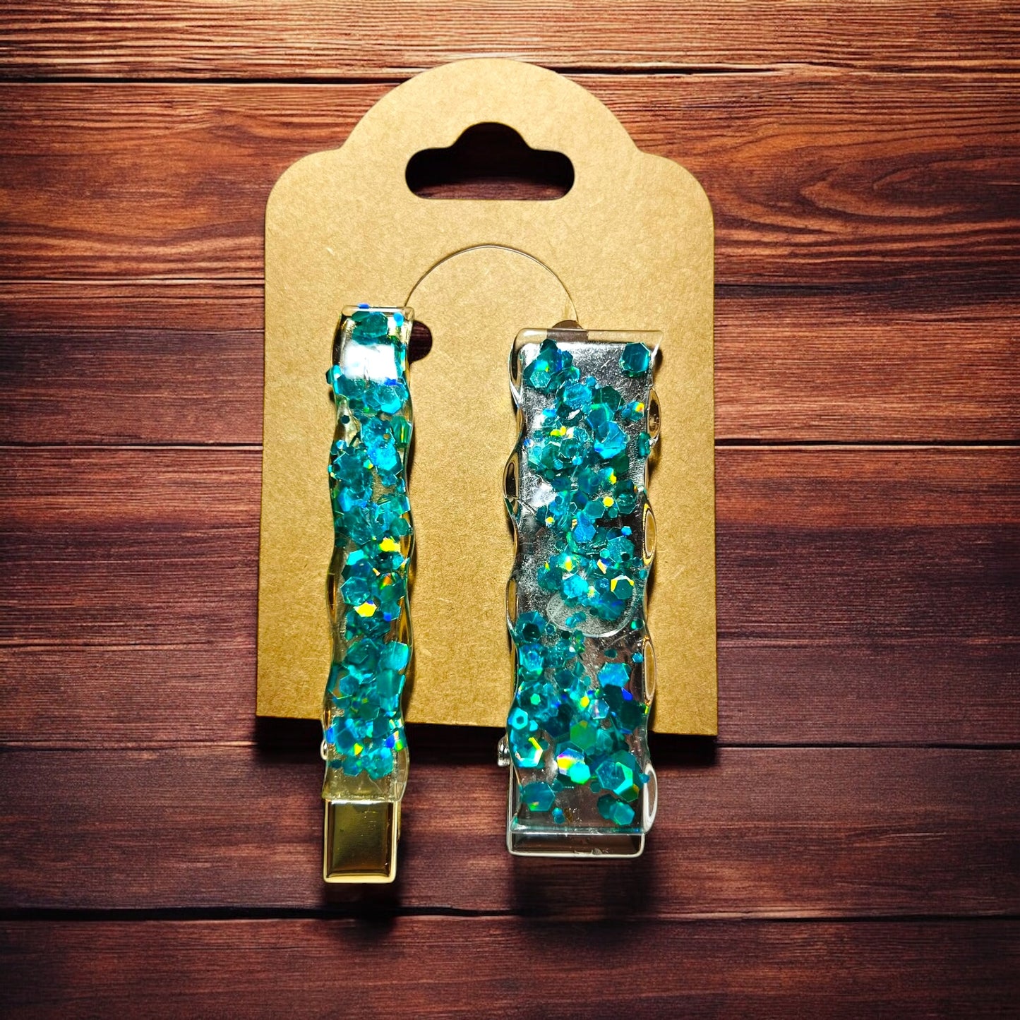 JenDore Hair Clips - Handmade Teal Chunky Glitter (Set of 2)