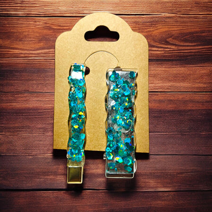 JenDore Hair Clips - Handmade Teal Chunky Glitter (Set of 2)