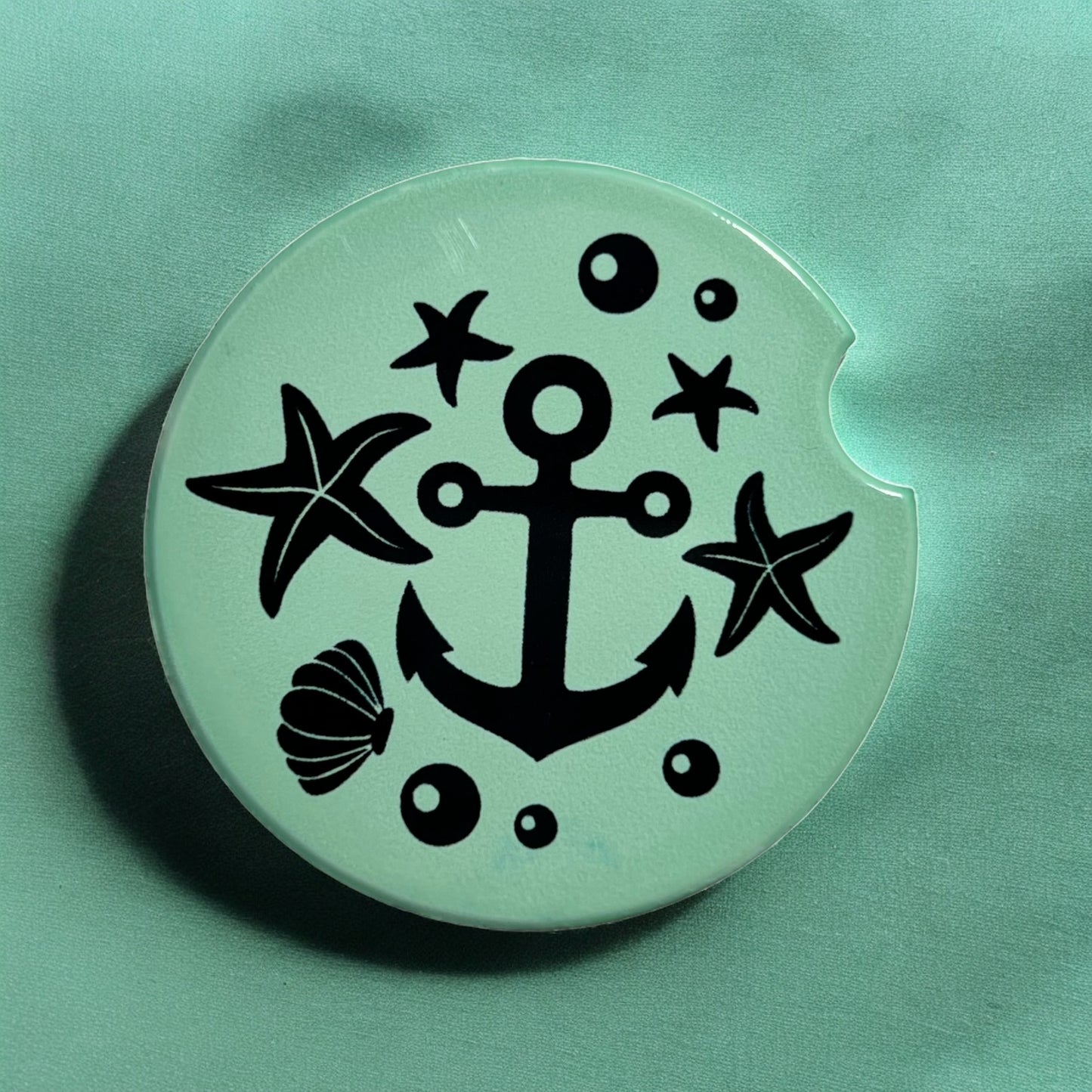 JenDore Anchor Nautical Themed Mint Green Black Handmade Ceramic Car Coaster