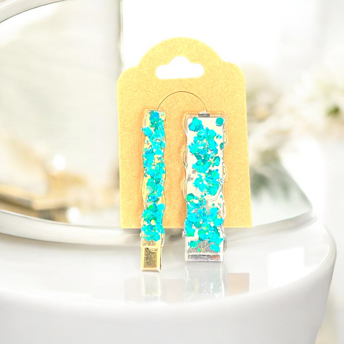 JenDore Hair Clips - Handmade Teal Chunky Glitter (Set of 2)