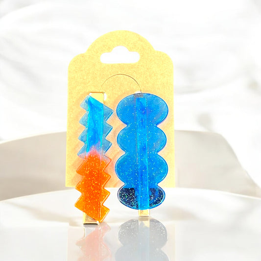 JenDore Hair Clips - Handmade Blue and Orange (Set of 2)