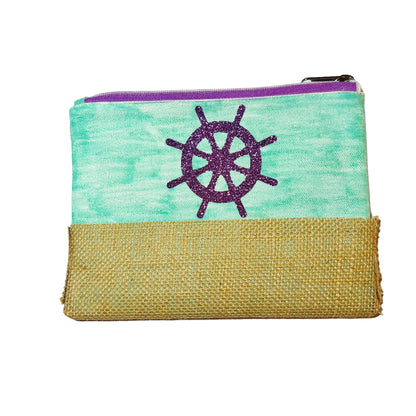 JenDore Purple Green Anchor Beach 6x8 in. Hand-painted Cosmetic Makeup Travel Bag