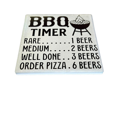 JenDore " BBQ Timer : Rare: 1 beer, Medium: 2 beers, Well done: 3 beers, Order pizza: 6 beers " Handmade Gray Square Ceramic Coaster