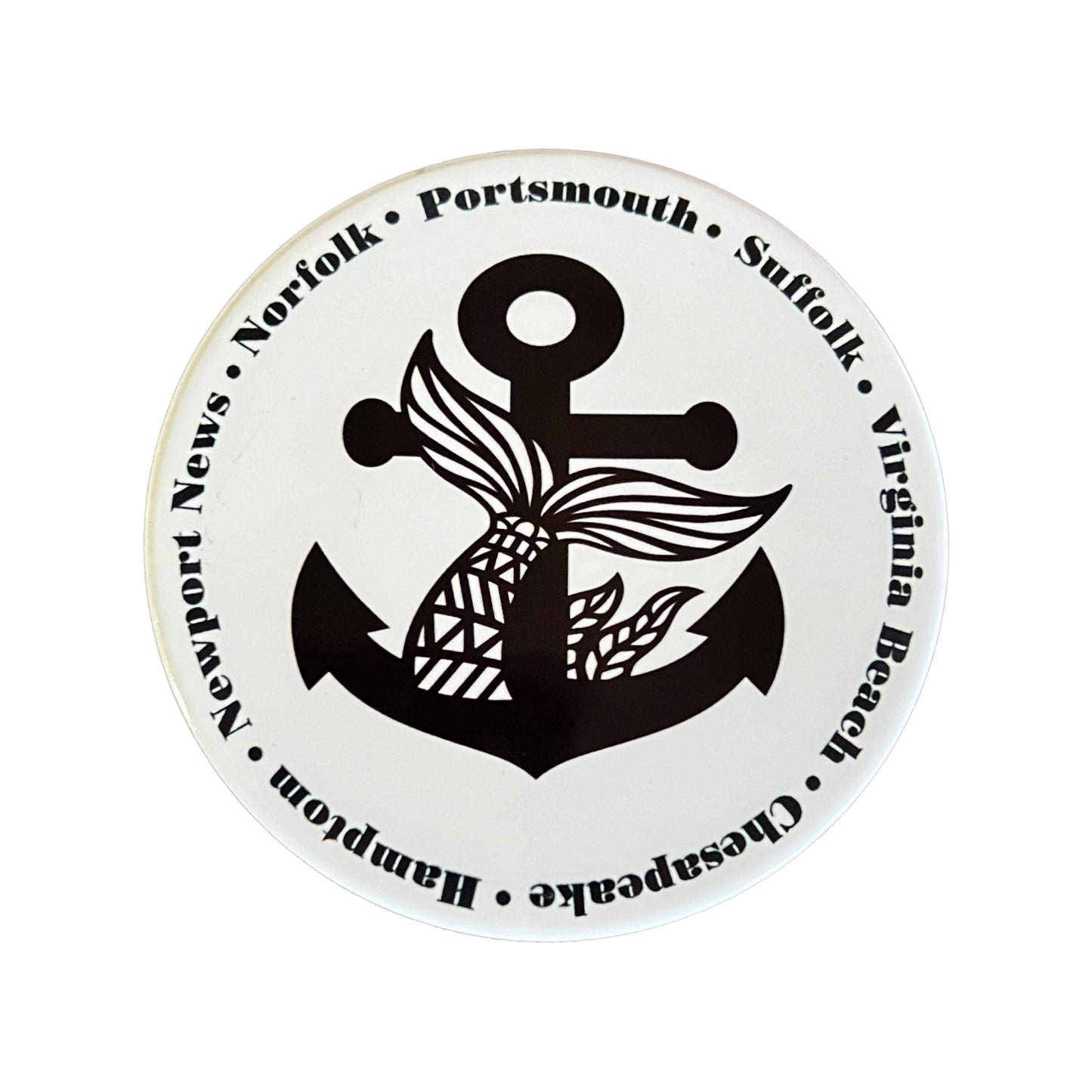 JenDore Anchor 757 Hampton Roads Virginia 7 Cities Norfolk Portsmouth Newport News VA Beach Hampton Chesapeake Suffolk Classic Handmade Black White Print Round Ceramic Coaster