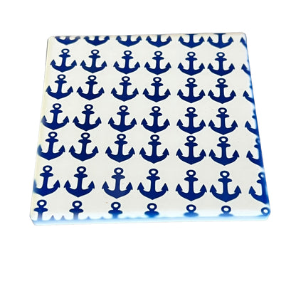 JenDore Handmade Anchors Nautical Themed Blue White Square Ceramic Coaster