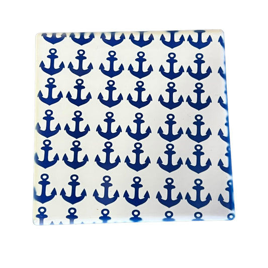 JenDore Handmade Anchors Nautical Themed Blue White Square Ceramic Coaster