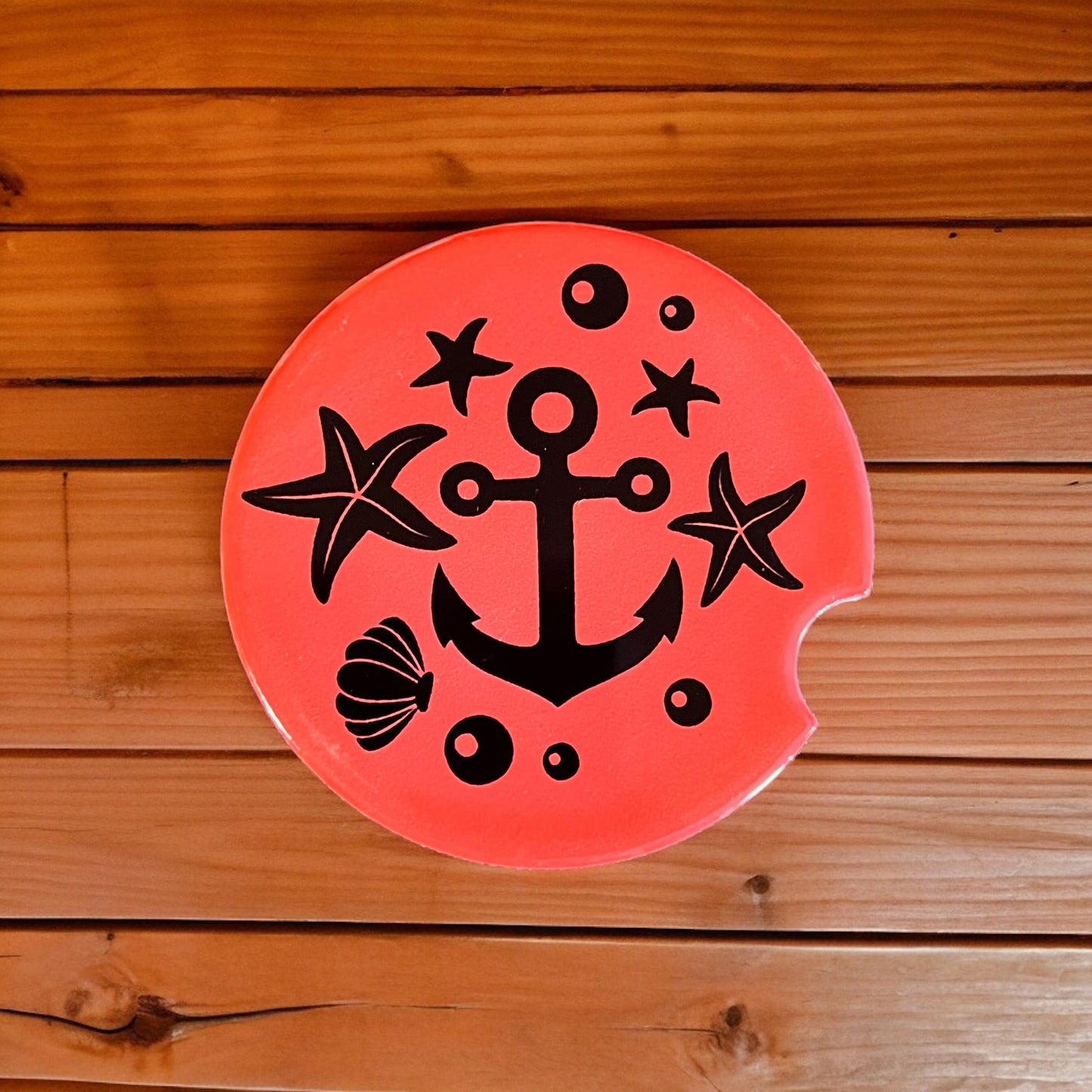 JenDore Anchor Red Black Handmade Ceramic Car Coaster