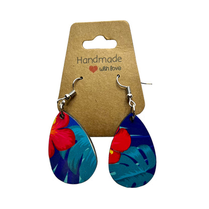 JenDore Tropical Red Blue Floral Print Wooden TearDrop Earrings