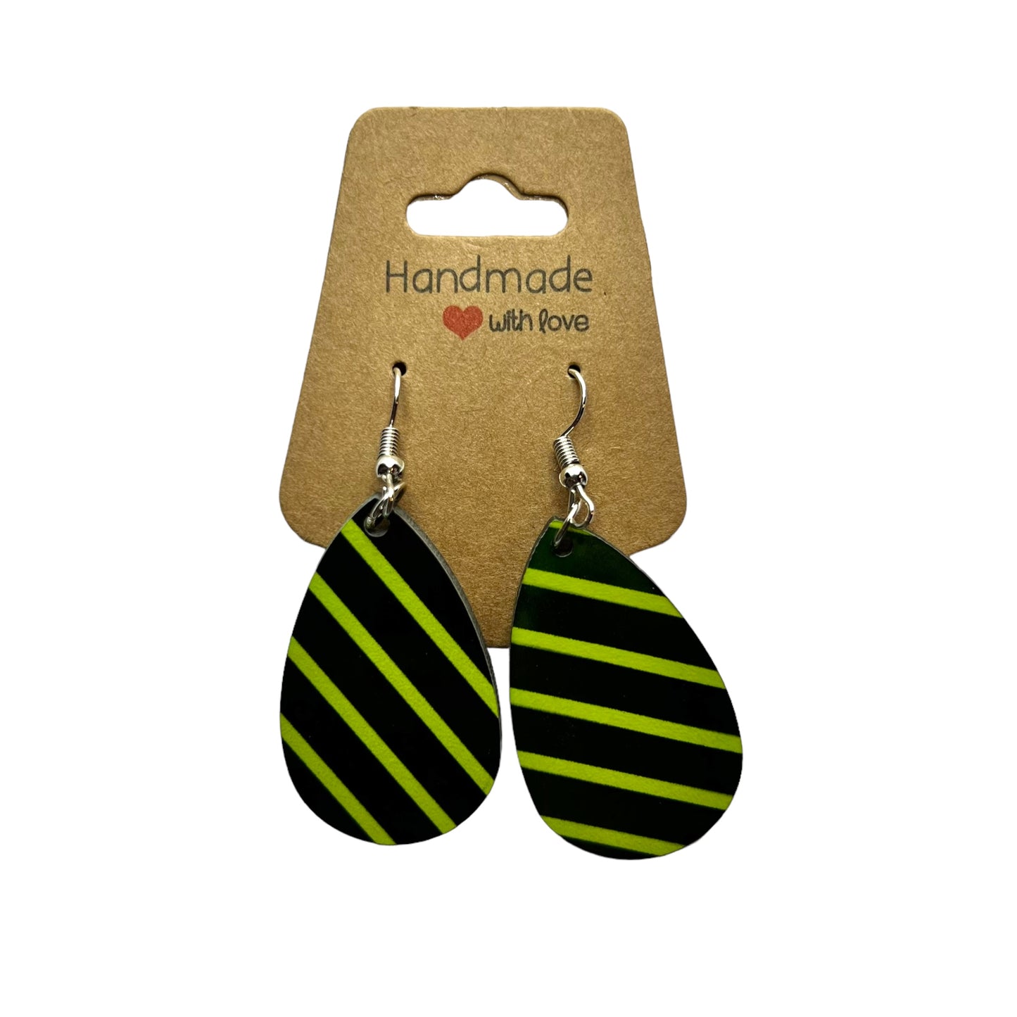 JenDore Lime Green Black Striped Print Wooden TearDrop Earrings