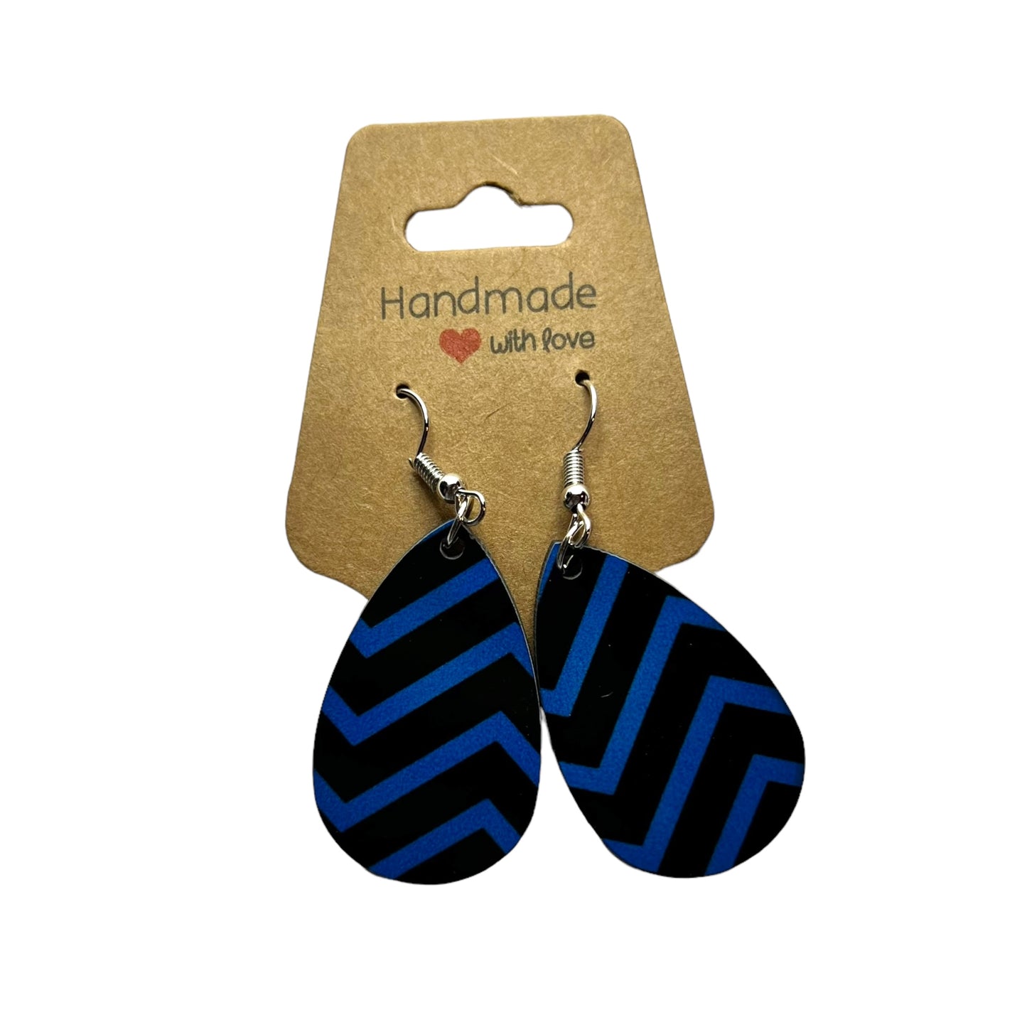 JenDore Blue Black Striped Print Wooden TearDrop Earrings