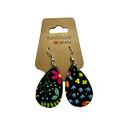 JenDore Colorful Black Floral Print Wooden TearDrop Earrings