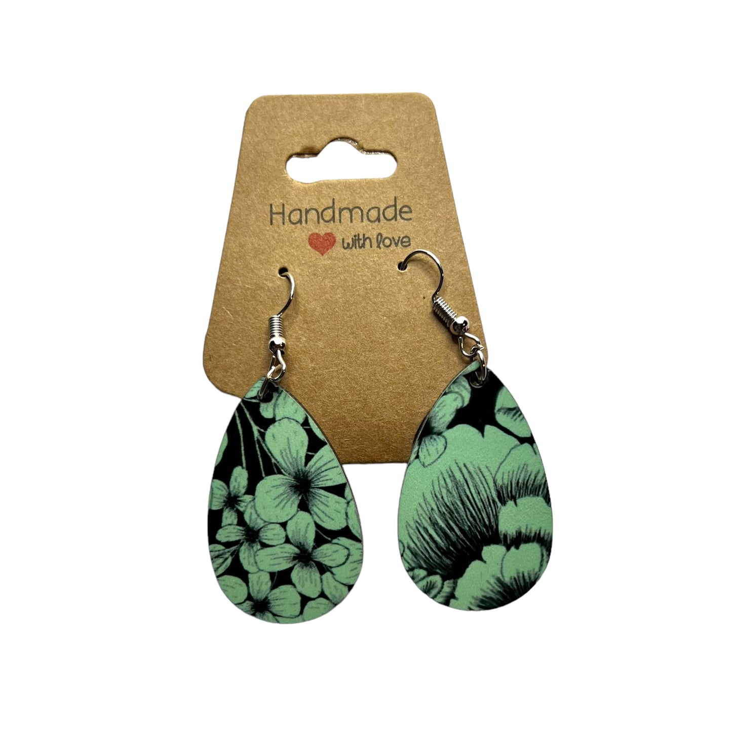 JenDore Mint Green Black Floral Print Wooden TearDrop Earrings