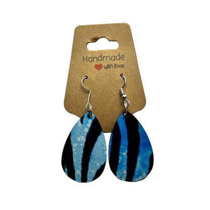 JenDore Blue Striped Print Wooden TearDrop Earrings