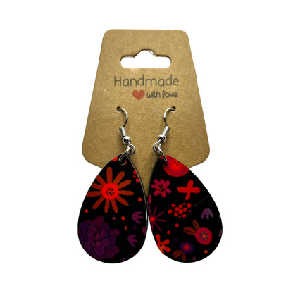 JenDore Floral Print Wooden TearDrop Earrings