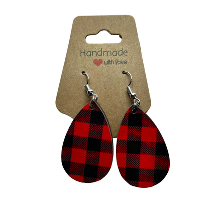 JenDore Red Black Plaid Print Wooden TearDrop Earrings