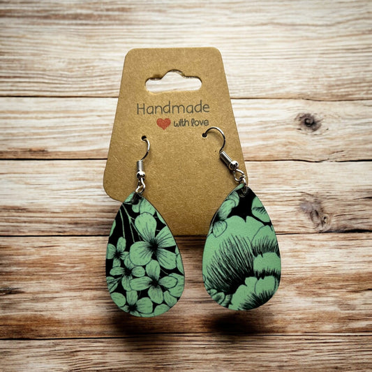 JenDore Mint Green Black Floral Print Wooden TearDrop Earrings