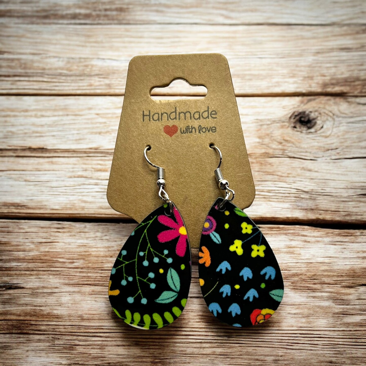 JenDore Colorful Black Floral Print Wooden TearDrop Earrings