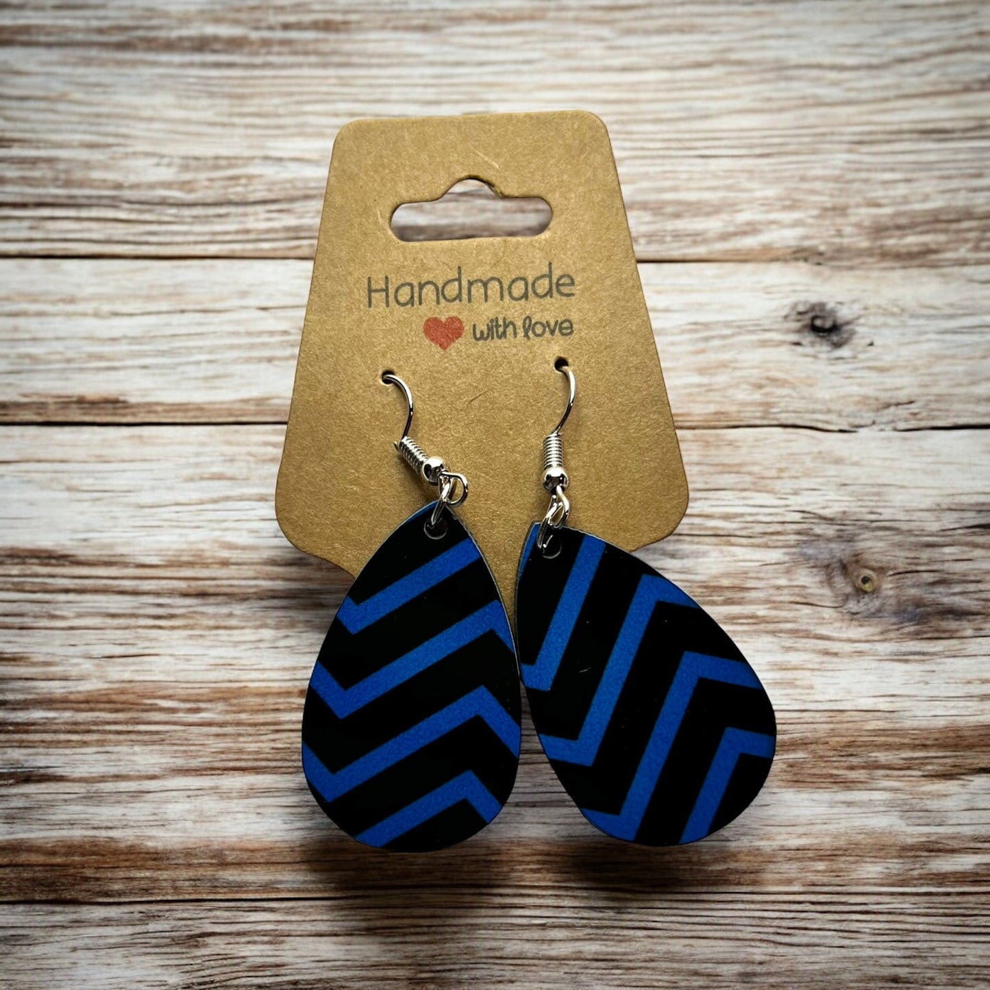 JenDore Blue Black Striped Print Wooden TearDrop Earrings